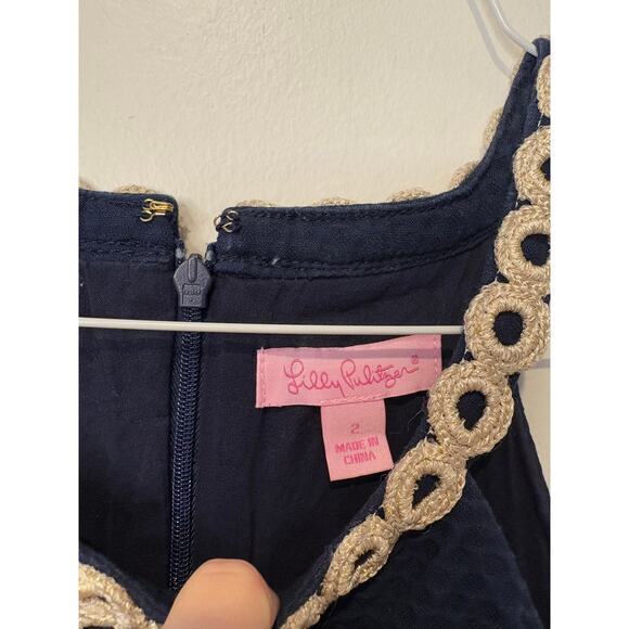 Lilly Pulitzer Sasha Shift Dress Navy Blue‎ Gold Lace Halter Racerback Size 2 - Picture 4 of 8